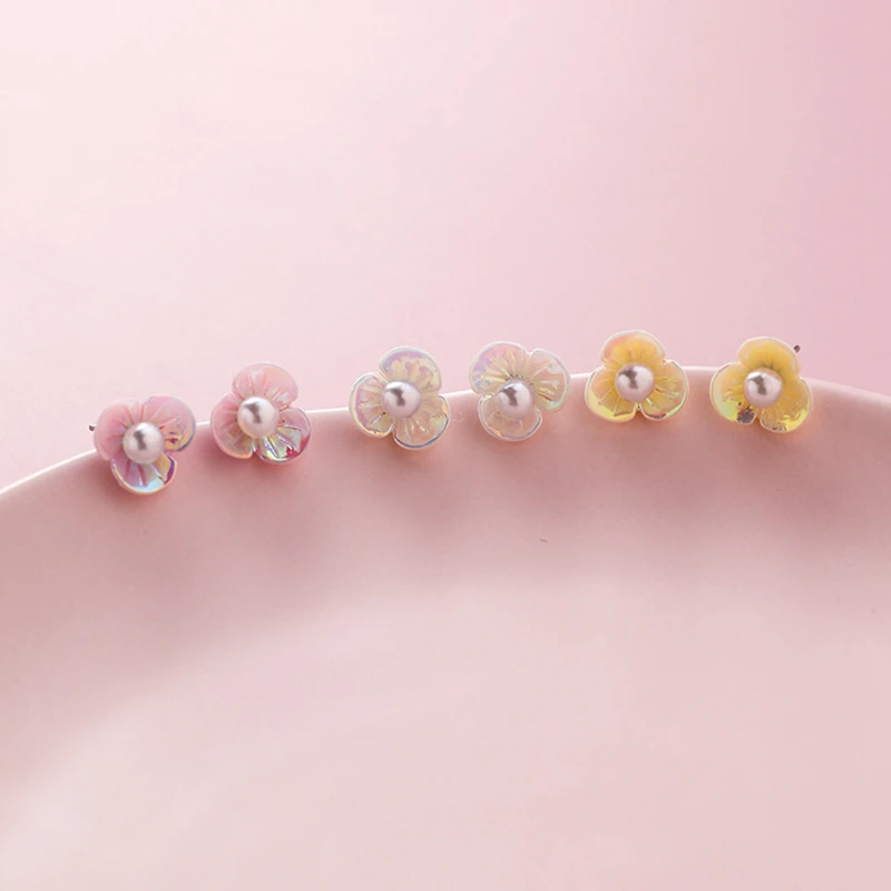 

2019 New Fashion Jewelry Small Simulated Pearl Flower 6 PCS/set Stud Earrings Female Combination Colorful Shell Petal Earrings