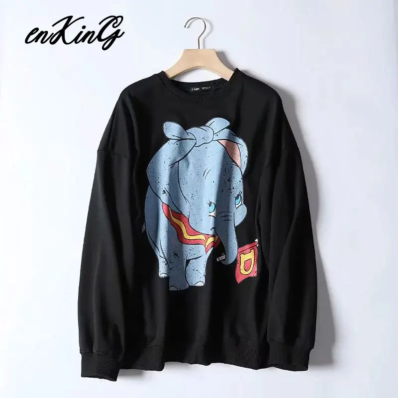 BLACK ELEPHANT Black Pink Cartoon Lion King Print Women Hoodie Long Sleeve O Neck Ladies Za Sweatshirt Casual Womens Hoodies Pullover - Цвет: BLACK ELEPHANT