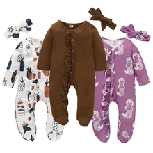 Весенне-осенняя одежда для новорожденных; комбинезон+ головной убор с длинными рукавами; хлопковая одежда с оборками для маленьких мальчиков и девочек от 0 до 18 месяцев