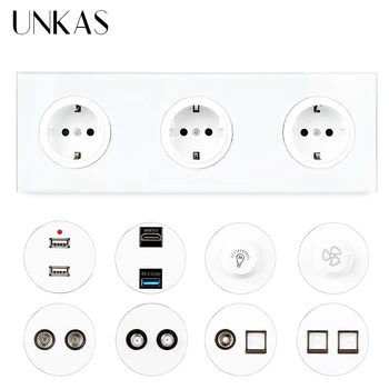 

UNKAS 3 Gang EU Socket Glass Panel + Dual USB TV RJ11 Telephone RJ45 Internet Dimmer Fan Regulator+ Switch HDMI Port USB3.0 Jack