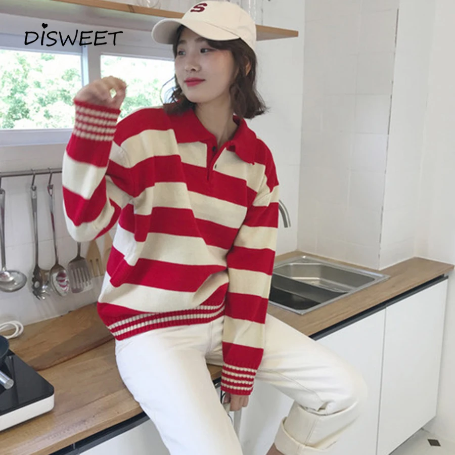 

Stripe Splice Women'S Sweaters Autumn Fashion Long Sleeve O-Neck Warm Coat Woman Korean Version Button Slim Black Sweater Female