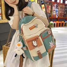 Kawaii Backpack for Teenage Girls Badge Buckle Student Schoolbag Waterproof Color Patchwork Backpacks Women Travel Bag Gift