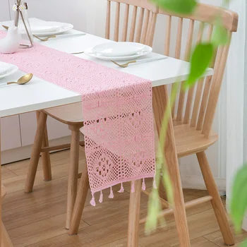 

Nordic Romance Table Cover Coffee Bed Runners Crochet Lace Table Runner with Tassel Wedding Decor Hollow Tablecloth Home Decor