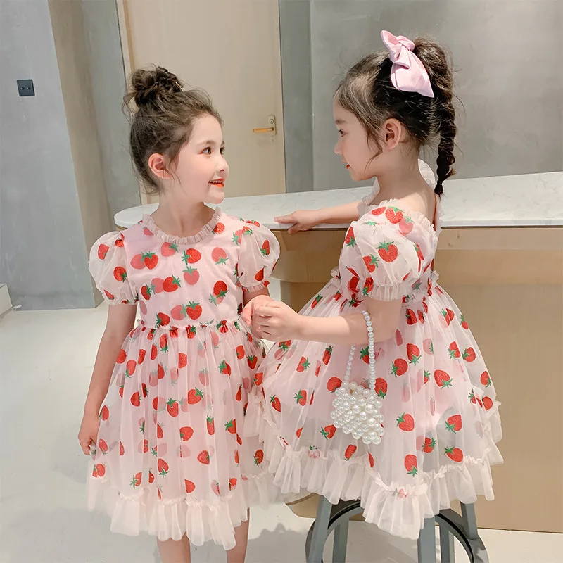 Teen Dresses Clothes-Puff-Sleeve Vestidos Strawberry Toddler Pink Children Summer Girls