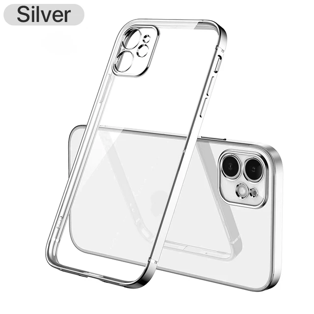 Luxury Transparent Square Frame Plating Case for iPhone 13 12 11 Pro Max Mini iPhone X Xs Xr 7 8 Plus SE 2020 Soft Clear Cover Silver