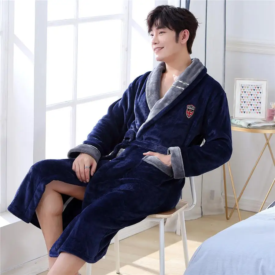Мягкий коралловый флисовый халат с v-образным вырезом для мужчин, ультра плотная одежда для сна, кимоно, платье с длинным рукавом, домашняя одежда, пижамы, теплая зимняя ночная рубашка - Цвет: Navy Blue3 B