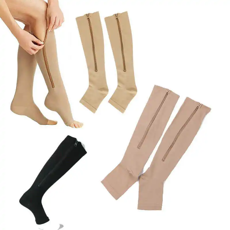 

Hot Socks Support Zipper Leg Knee Zip Unisex Compression Sox Toe Stockings Open