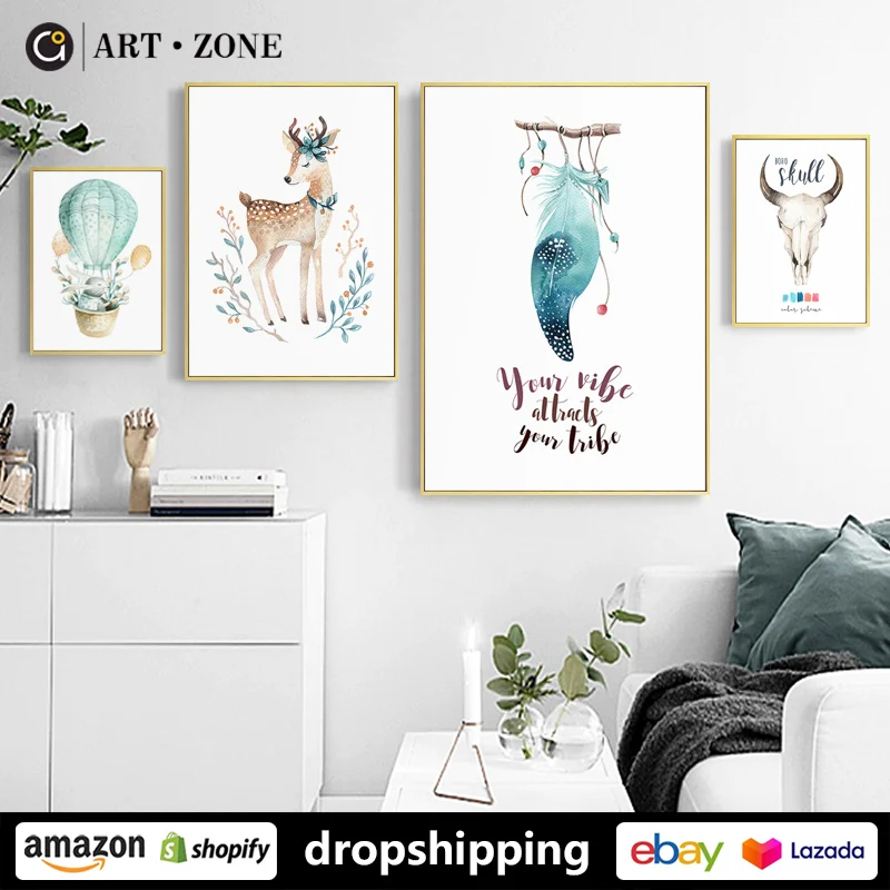 ART ZONE Nordic Cute Cartoon Deer Fox Animal ink Painting prints ...