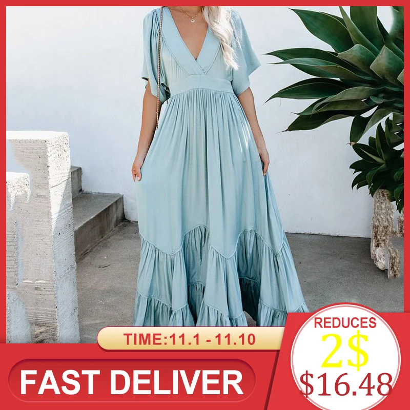 

A Line Maxi Dress Women Vintage Bohemian Summer V-Neck Long Dress Casual Praty Dresses Beach Dresses Ladies Long Vestido mujer