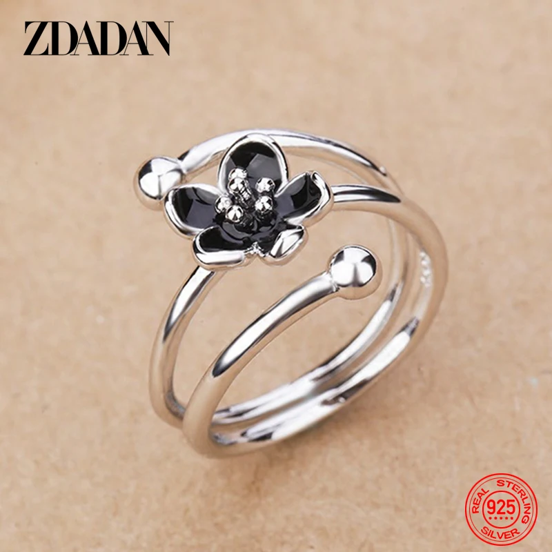 Silver Rings Silver Ring Wedding Rings Rose Flower Ring Metal Flower Ring ZDADAN 925 Sterling Silver Black Flower Adjustable Rings For Women Fashion Charm Gift Wedding Jewelry