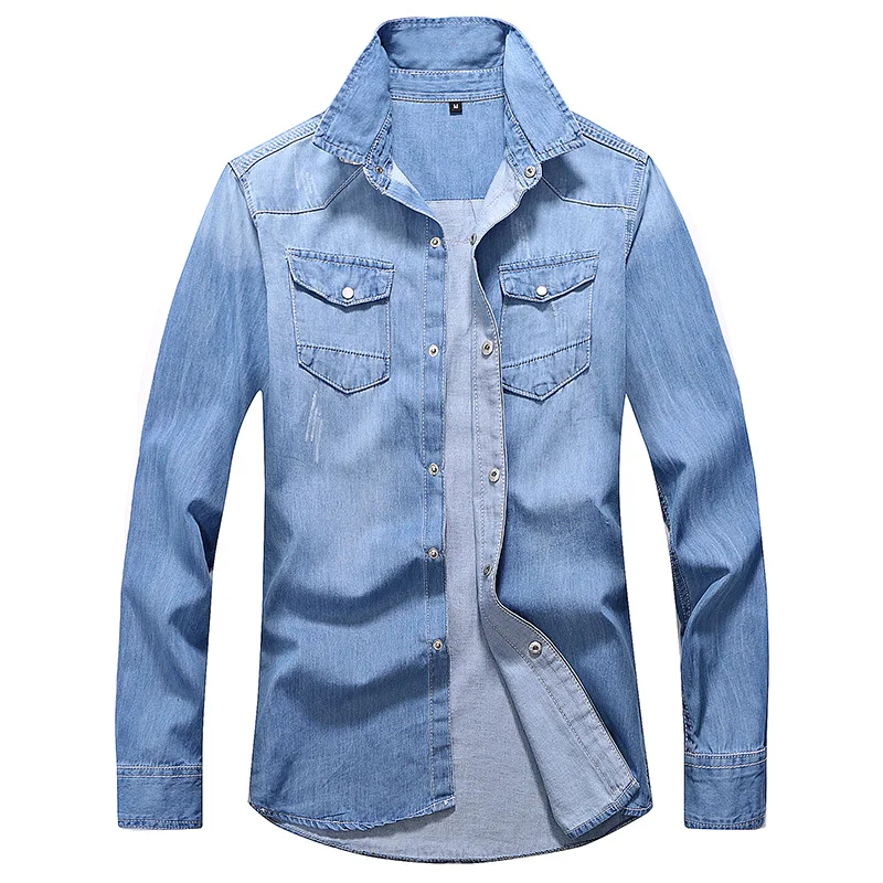 Spring Autumn Leisure time Men Denim Thin Shirt Long Sleeve Soft Two Pockets Slim Slight Jeans Cowboy