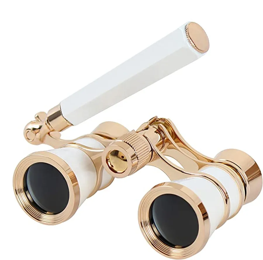 3x25 Optics White-Gold Opera Glasses Binoculars with Handle for Theater Museum 