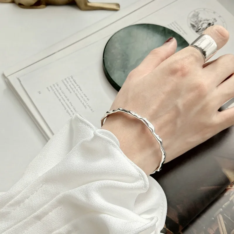 Flyleaf Irregular Surface Gold Real 925 Sterling Silver Open Bracelets For Women Fashion Fine Jewelry Cuff Bracelets& Bangles