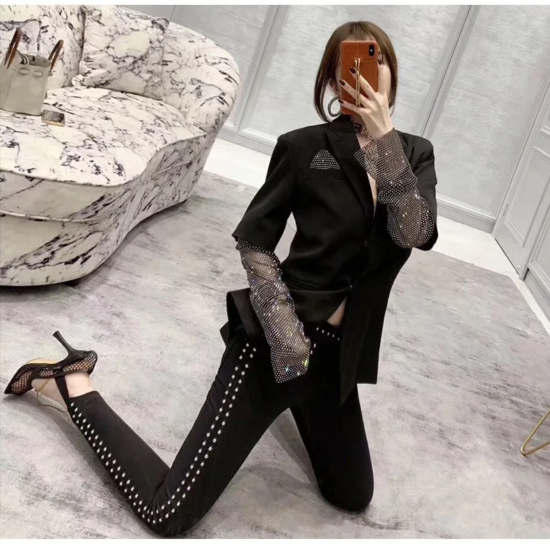 TVVOVVIN Autumn Hot Sale Design Feel Twinkle Rhinestone Patchwork Sleeve Suit Easy Loose Fashion Coat Woman ZX211