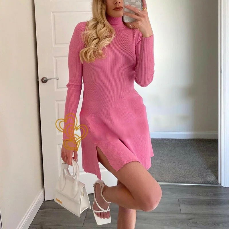 Excluir persuadir muy agradable Vestido de punto Rosa elegante para mujer, cuello alto, manga larga, Mini  vestidos, elegante, Delgado, lateral dividido, Primavera - AliExpress