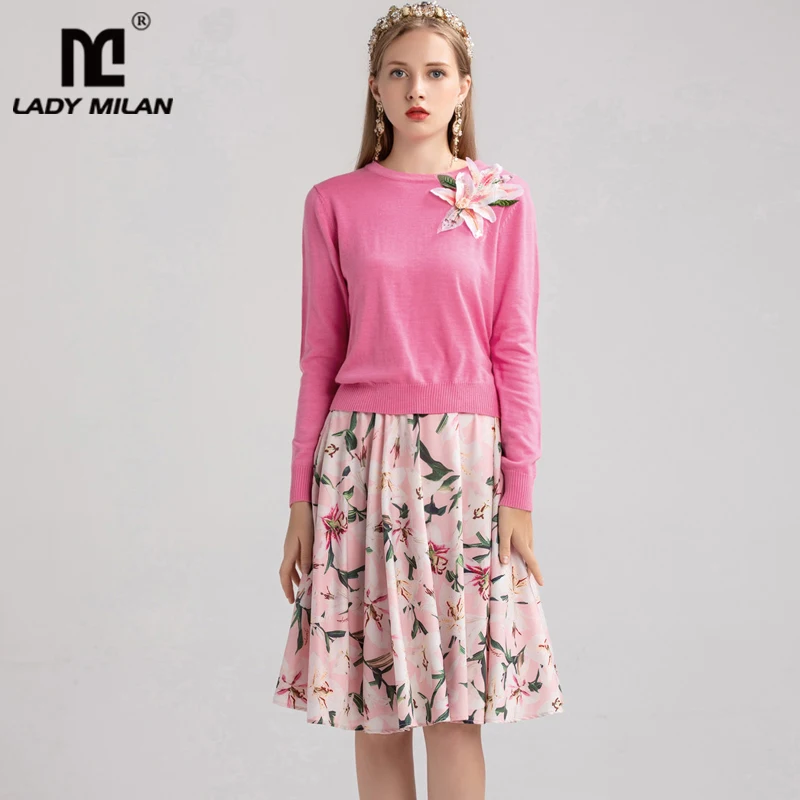 

Lady Milan Women's Runway Suit Twinsets O Neck Long Sleeves Appliques Sweaters with Floral Printed Two Piece Dress Sets