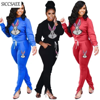 

Sparkly Rabbit Cartoon Sequins Two Piece Set Leg Opening Zipper Tracksuit For Women Glitter Casual Sweatsuit Clothing Activewear