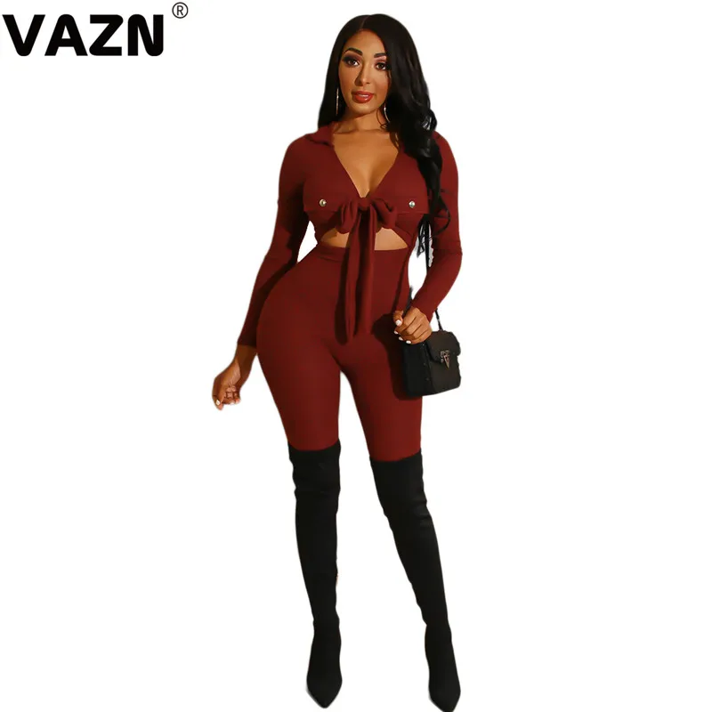 VAZN DAN8199 новые открытые кружевные брюки-карандаш однотонные повседневные женские комбинезоны сексуальные длинные штаны с v-образным вырезом Мягкие облегающие комбинезоны