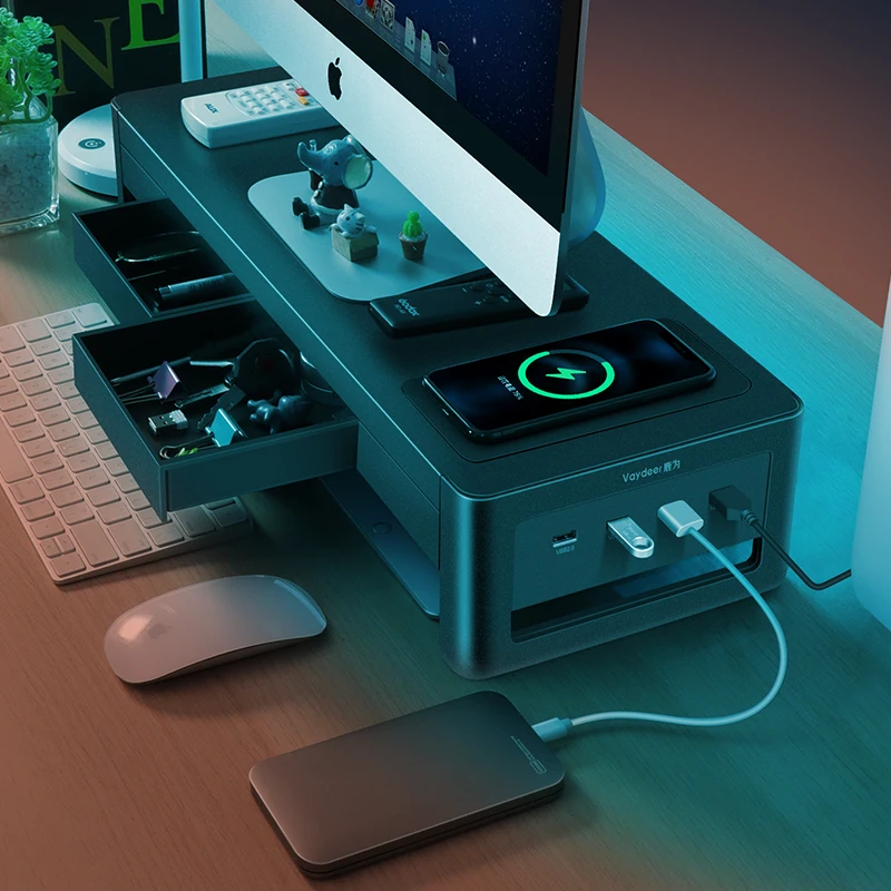 Vaydeer Soporte elevador para monitor con cargador inalámbrico y  concentrador USB 3.0, soporte para transferencia de datos y almacenamiento  adicional