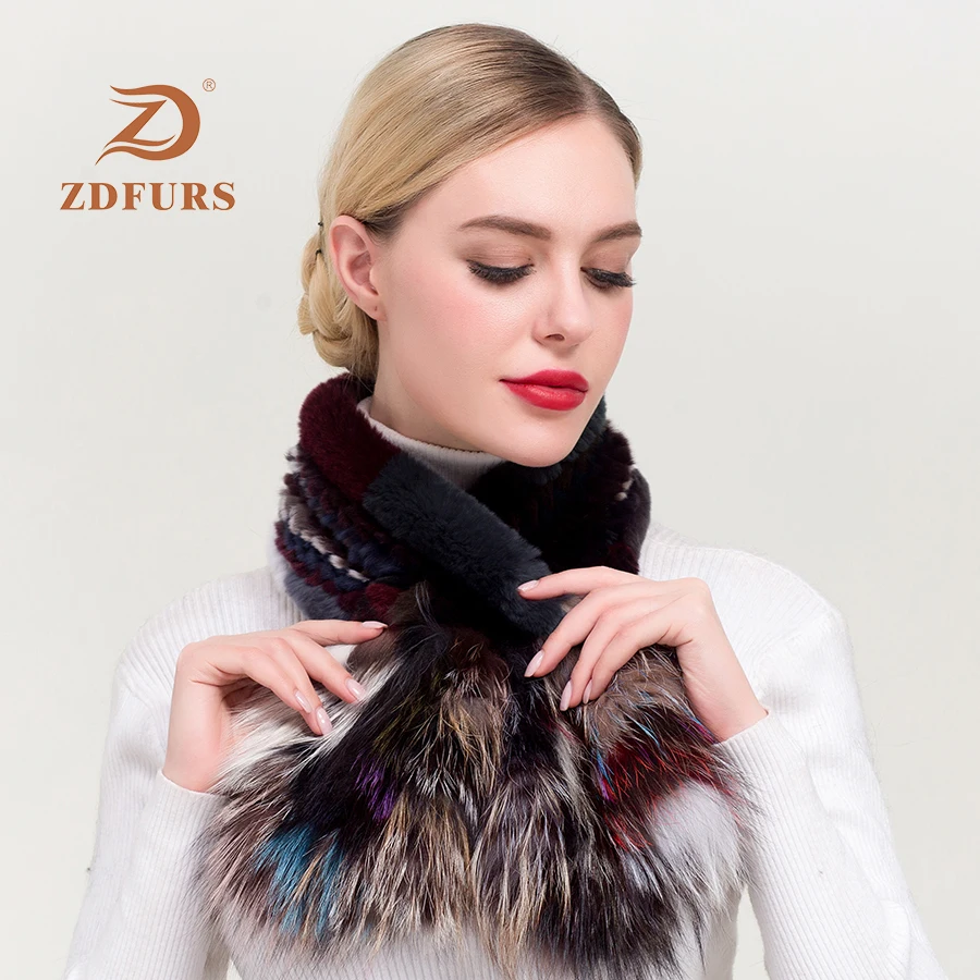 

ZDFURS* New 2019 Winter Genuine Real Rex Rabbit Fur scarf Women's Fashion Fur Scarves Silver Fox Fur Knitted Wraps Multicolor