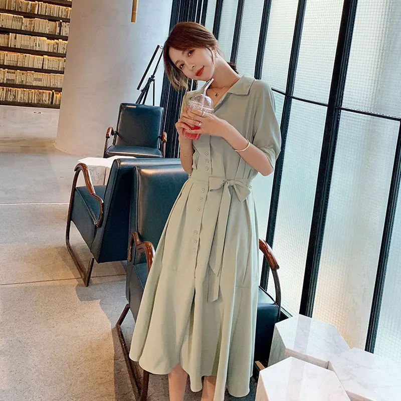 

Photo Shoot Avocado Green Dress 2019 New Style Summer Matcha Green Slimming Elegant Mid-length Chiffon Shirt Dress Women's
