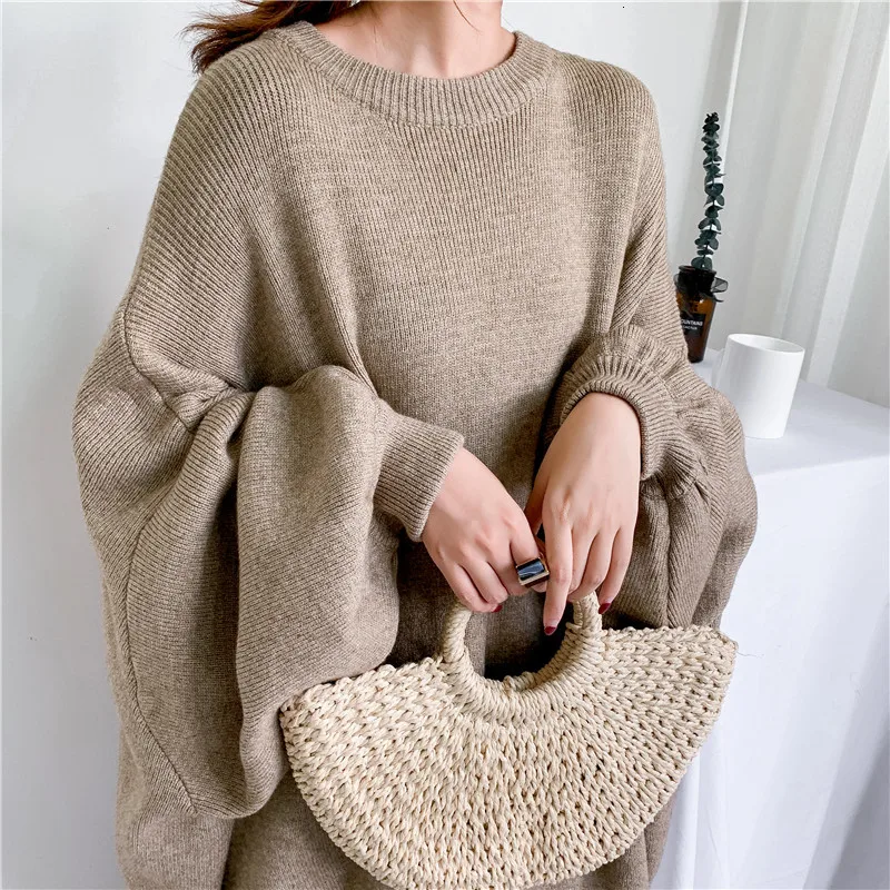 LANMREM осень и зима модный однотонный пуловер с круглым вырезом рукав летучая мышь большой размер длинный вязаный свитер для женщин PB615