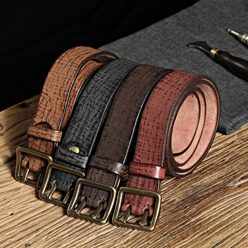 Men's Full-grain Cowhide Leahter High-quality Belts Retro Handicraft Personality Heavy Copper Buckle Double Prong Men Belt