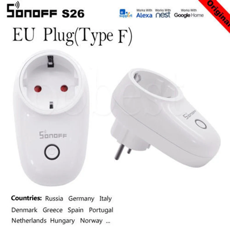 Sonoff S26 WiFi смарт-разъем ЕС США Великобритания AU CN Автоматизация умный дом удаленный переключатель совместим с eWelink Alexa Amazon Google Home - Комплект: EU Standard F