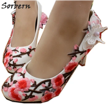 

Sorbern Pink Plum Blossom White Wedding Shoes 8Cm High Heels Platform Ladies Shoes Pump Bridal Heels Slip On Flower Shoe Heels