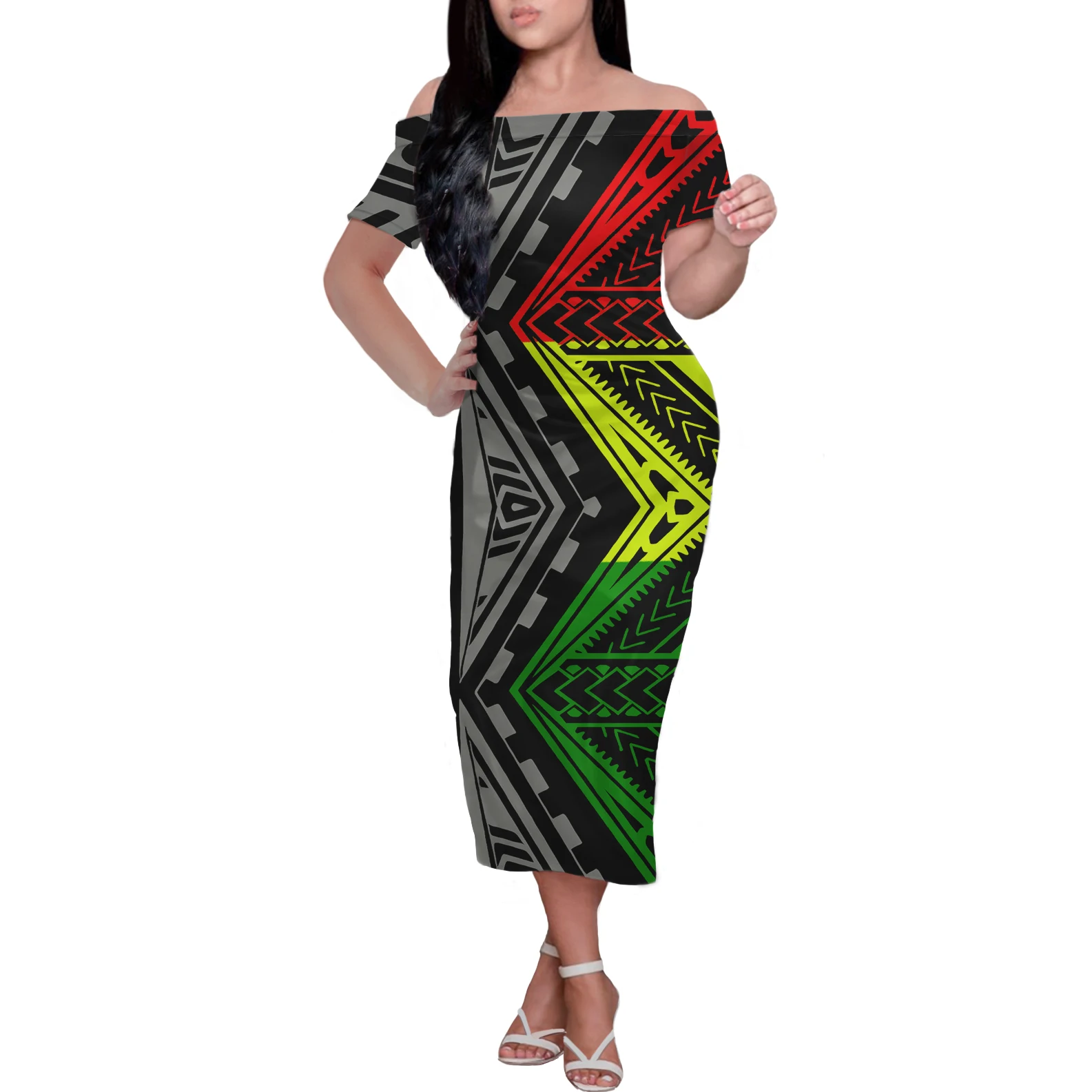 

Reggae New Dress Designs 2021 Polynesian Tribal Printed Summer Short Sleeve Dress Women Sexy Close-Fitting Off Shoulder Dresses