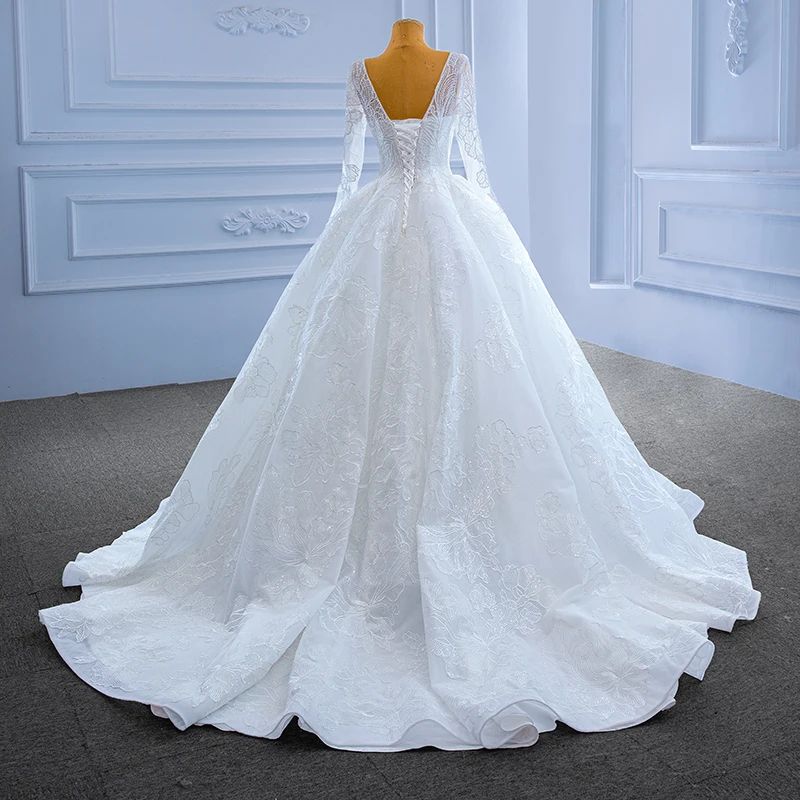 RSM67364 Sexy Lace Applique Blackless Wedding Dress V Neck Long Sleeve Luxury White Wedding Dress 2022 Vestido De Noiva Simples 3