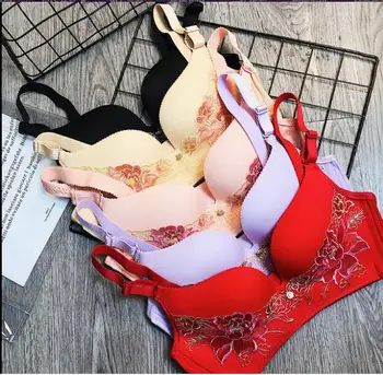 

Women's Sexy Wire Free Bra Sets Rose Embroidery Push Up Adjustable A B C 3/4 Cup Deep-V Bras Female Big Size Underwear