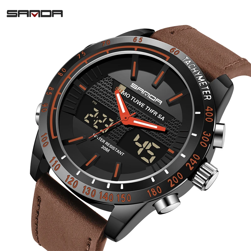 

SANDA Sports Mens Watches To Luxury Brand Waterproof Leather Watches Men Military LED Digital Quartz Watch relogio masculino 774