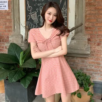 

Summer Sweet Plaid Dress Women Simple Casual V Neck A-Line Dresses Fashion Min Dress