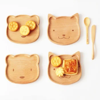 

Wooden Tableware Cute Rabbit / Bear Solid Wood BowlCartoon Pattern Food Fruit Dish Tray Child Baby Serving Wood Plate