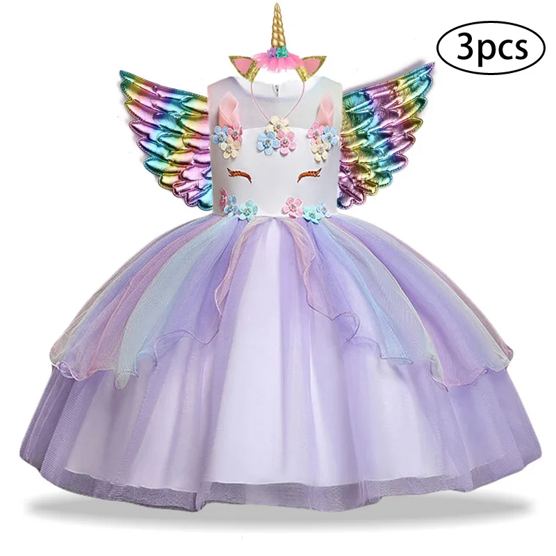 Новое платье для девочек, 3 предмета, Детские платья для девочек, вечерние платья с единорогом, карнавальный костюм на Рождество, детское платье принцессы для 3, 5, 6, 8, 9, 10 лет - Цвет: Purple