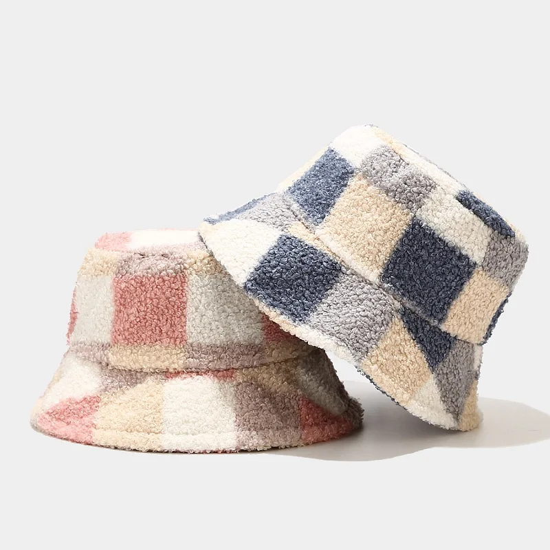 

Oloey Fashion New Outdoor Plaid Bucket Hats Women Autumn And Winter Lamb Wool Thicken Warm Hats Bob Caps Female Fisherman Hats