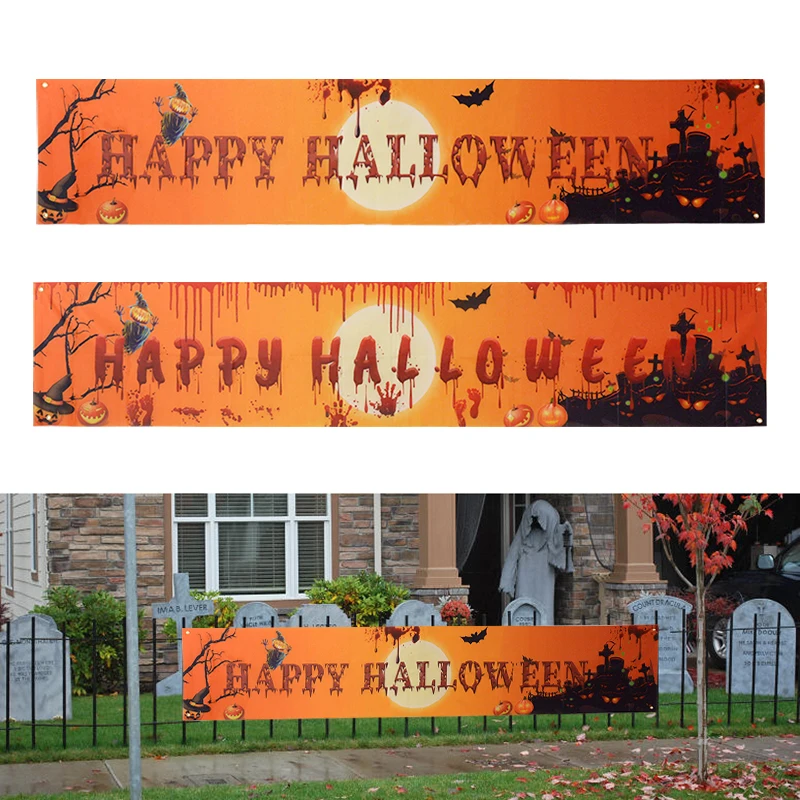 1pc 2.5m Outdoor Halloween Banner Pull Flag Decorations Celebrate Party Hanging Decor Porch Fence Background Supplies Foldable