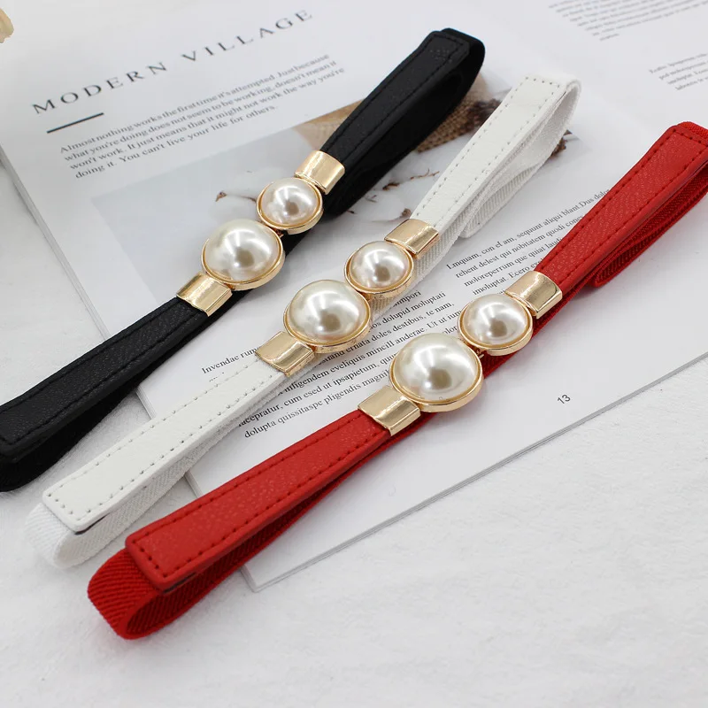 Women Double Pearl Belt PU Leather for Dress Skirt Fashion Waist Elastic Thin Belts Ladies Luxury Waistbands Cloth Accessories