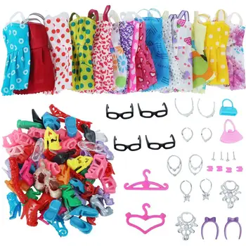 

42 Item/Set Doll Accessories = 10Pcs Shoes + 8 Necklace 4 Glasses 2 Crowns 2 Handbags + 8 Pcs Doll Dress Clothes for baby Doll