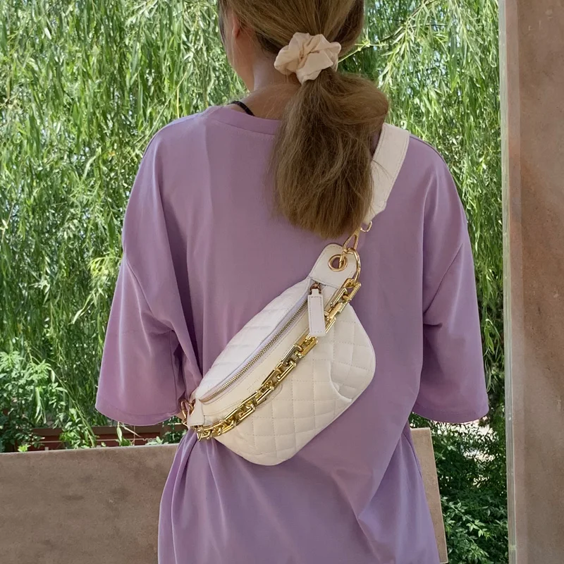 Thick Chain Women's Fanny Pack Plaid leather Waist Bag Shoulder Crossbody Chest Bags Luxury Designer Handbags Female Belt Bag