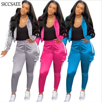 

Reflective Stripe Patchwork Two Piece Set Turtleneck Crop Top And Pants Sweat Suit Cardigan Sexy Casual Clothing Activewear