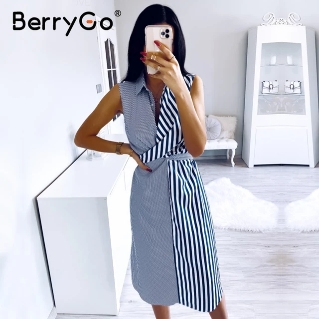 US $13.86 BerryGo Sleeveless striped women summer dress Casual collar shirt dress office ladies Holiday chic 