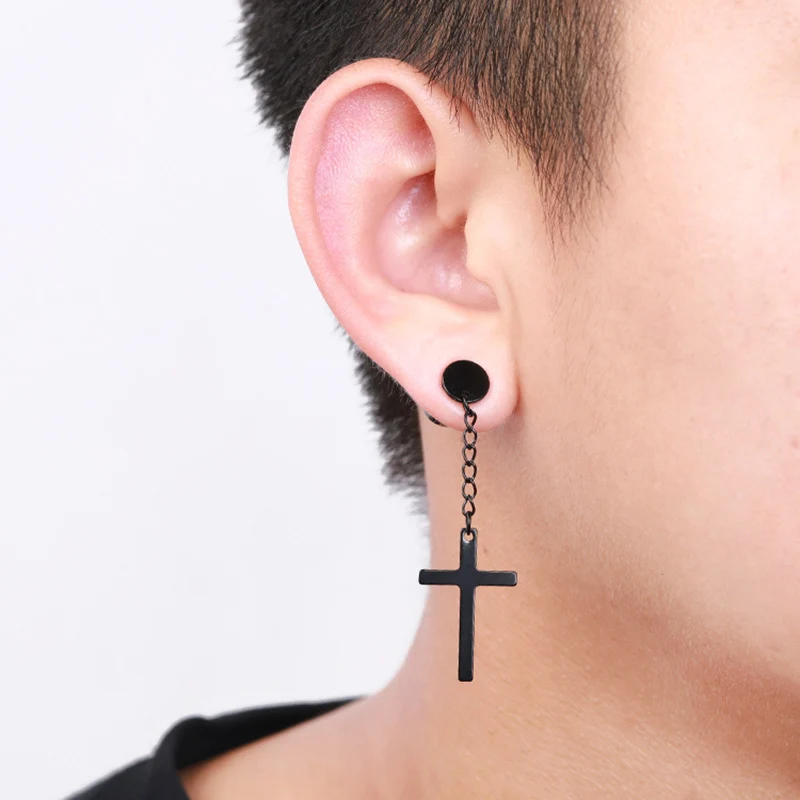 Stainless Steel Long Cross Charm Dangle Huggie Hinged Hoop Earrings for Men   Black