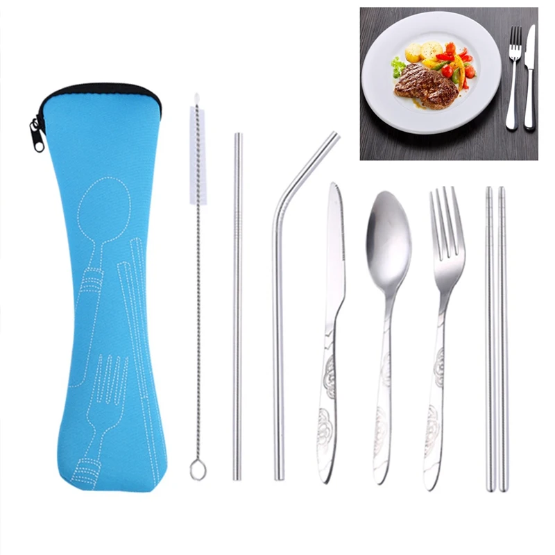 

Dinnerware Set Travel Camping Cutlery Set Reusable Silverware With Metal Straw Spoon Fork Chopsticks And Portable Case