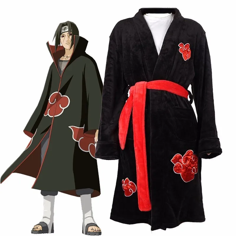 Anime-Naruto-Cosplay-Bathrobe-Akatsuki-Uchiha-Itachi-Flannel-Pajamas-Adult-Unisex-Winter-Warm-Nightwear-Sleepwear-Kimono