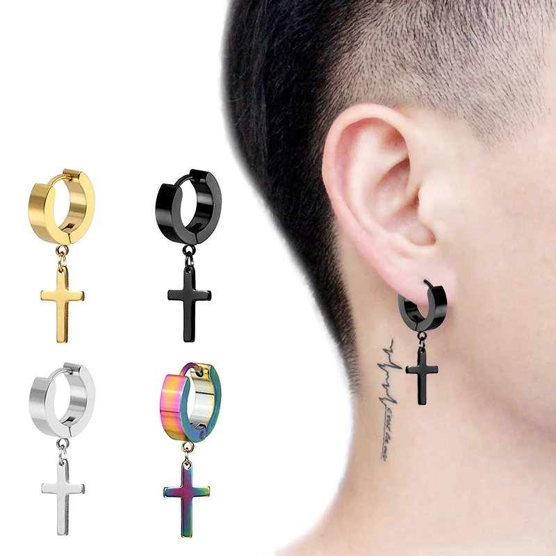 

Men Earrings Stainless Steel Anti-allergy Cross Ear Studs Korean Fashion Titanium Steel Punk Ear Studs Jewelry