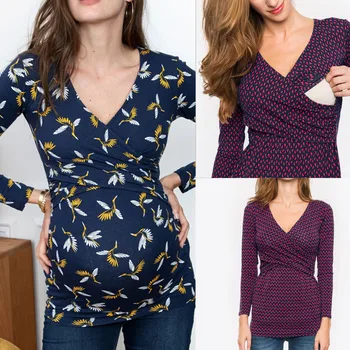 

Autumn New Fashion Women Pregnant Nusring Maternity V-Neck Long Sleeve Ruffles Printed Blouse Tops Wholesale Free Ship Z4