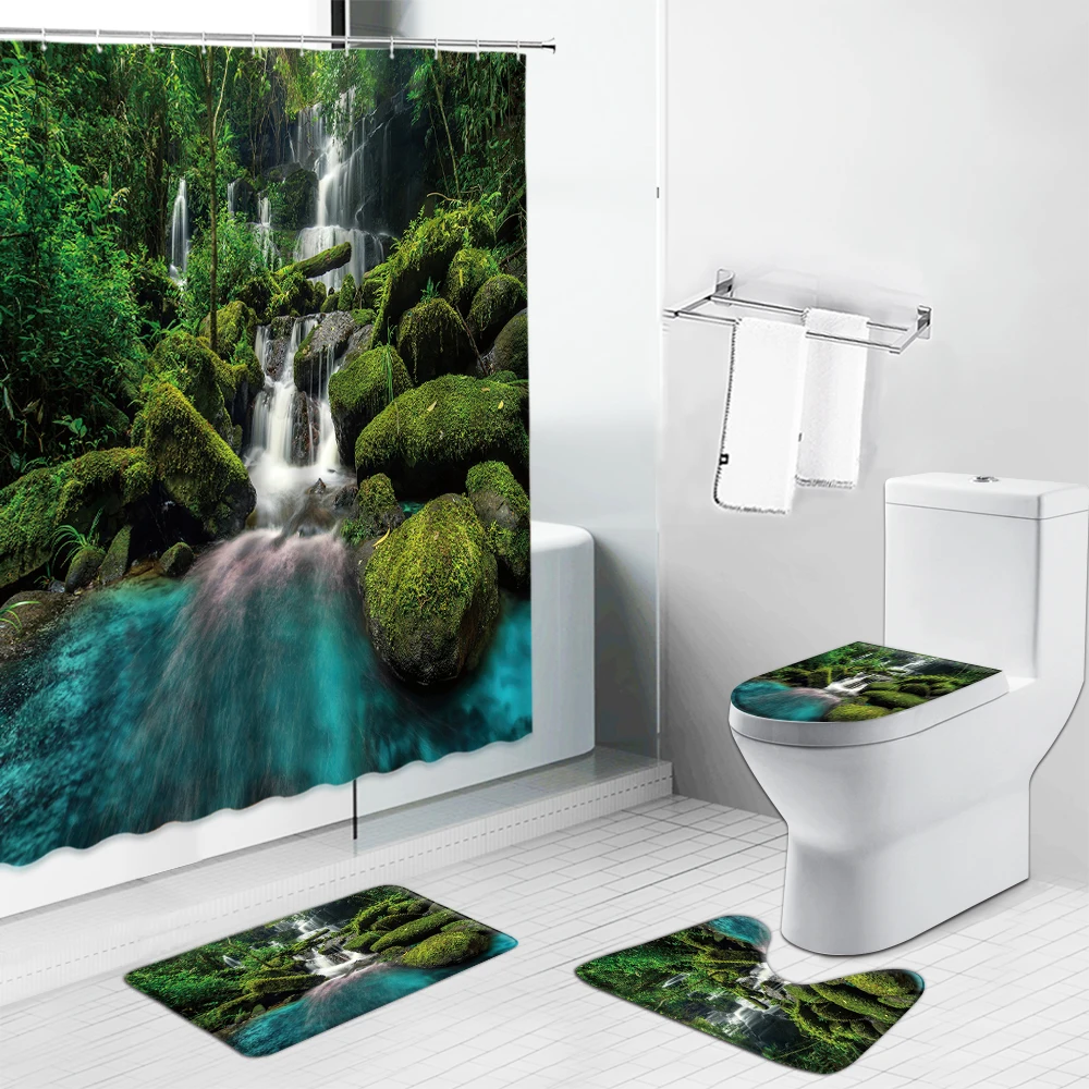 

Forest Waterfall Landscape Shower Curtain Trees Autumn Scenery Non Slip Rug Toilet Cover Carpets Bath Mat Bathroom Curtains Set