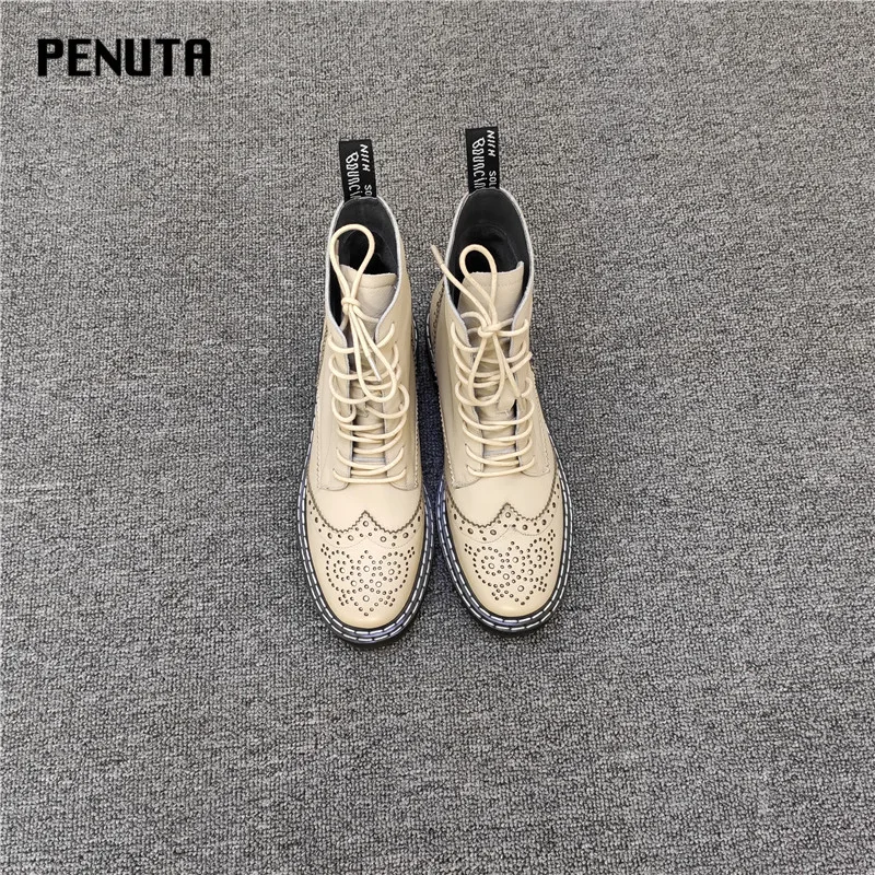 PENUTA/зимние ботинки в стиле панк из натуральной кожи; обувь на платформе со шнуровкой; европейские уличные женские ботильоны для подиума; размеры 34-41; PD9114